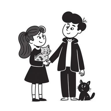 A girl with long brown hair holding the hand of a boy with black hair, both dressed in black, holding a cat and dog sticker