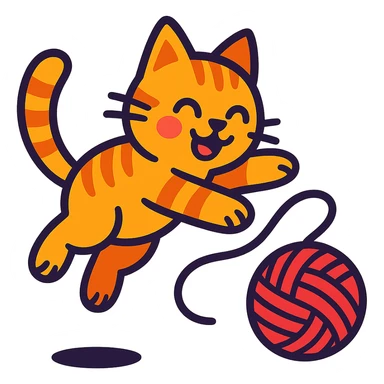 a playful cat jumping with a ball of yarn, vibrant toon style sticker