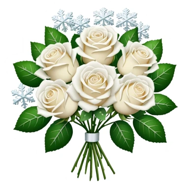 A bouquet of white roses, adorned with Christmas snowflakes sticker