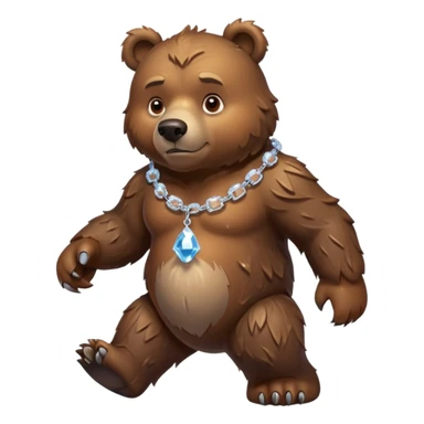 Fierce brown bear walking on four paws with an ice chain necklace, frozen chain links made of crystal clear ice, serious face sticker