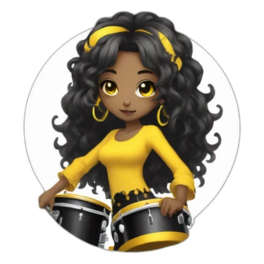 cute punk girl in yellow dress dark skin with yellow eyes and dark curvy hairs drummer anime style sticker