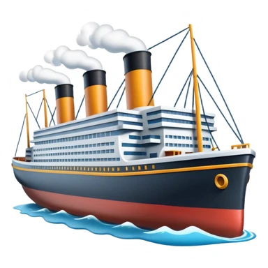 A miniature 3D Titanic ship emoji in Apple style, small and compact with smooth glossy surface, bright clean colors, simplified but recognizable details like smokestacks and windows, no facial features, floating on calm ocean, soft shadows, high-quality render, isolated on white background.



 sticker