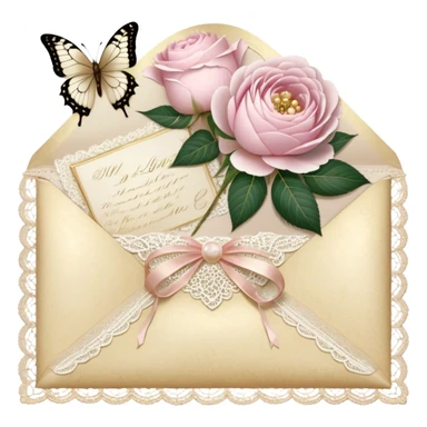 A delicate still life of an aged love letter sealed with golden wax, placed on a vintage lace doily, accompanied by a bouquet of pale pink roses and white peonies, with a shimmering pearl butterfly resting on the envelope. sticker