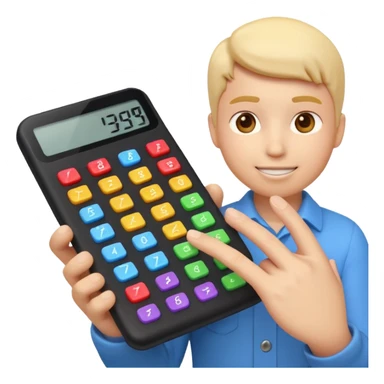 3D iPhone style emoji of a person using a calculator, finger pressing colorful buttons, digital display showing numbers, isolated on white background, soft shadows, high detail, playful and cute. sticker