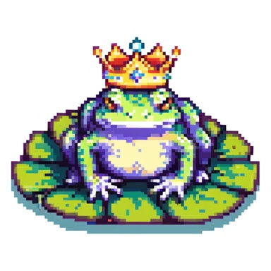 pixel art crowned frog, sitting on a lily pad sticker