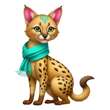Colorful cute adorable tropical exotic fruity kiwi-green lemony rosy-pink blushing pastel neon-red Caracal-Cheetah-Civet-Trico-fusion-hybrid-animal-creature, full body, with tribal tattoos, wearing a yellow-and-cyan scarf sticker