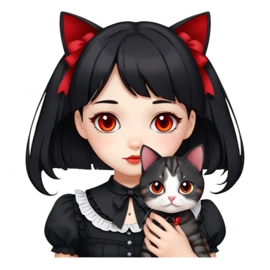 girl wearing black Lolita style dress, with medium-length black hair with red tips, and a black American Shorthair tabby cat sticker