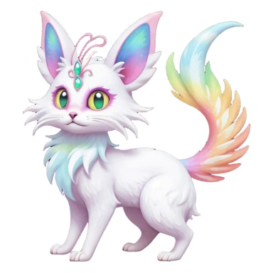 Pure-snow-White albino iridescent with pastel rainbow-gradients-color-markings with swirly patterns butterflies  faerie-Noivern-Noibat-Purloin-Torracat-Lykoi-Caracal-cat-Fakemon-fusion-hybrid-creature-scared sticker