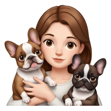 A brown haired girl holding two French bulldogs, one white and one black sticker