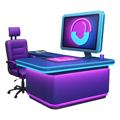 news anchor desk with neon glow effect, blue neon glow on top left, purple neon glow on bottom right sticker