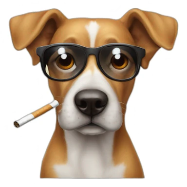 un chien avec des lunettes de soleils et un cigarette sticker