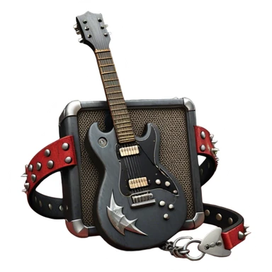 Create a powerful and dynamic humanless emoji representing rock vocals. The design should feature a classic vintage microphone with a rugged, distressed look, surrounded by elements like a guitar pick, electric guitar neck, and sound waves to reflect the raw energy of rock music. Add subtle details such as a spiked bracelet, leather textures, or bold lightning bolts to evoke the rebellious and intense spirit of rock. Use dark, edgy colors like black, red, silver, and metallic accents to emphasize the fierce, loud, and passionate nature of rock vocals. The background should be transparent. sticker