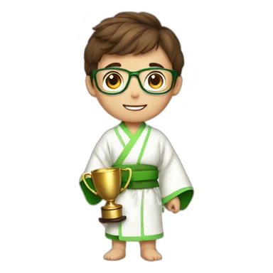 a 12-year-old boy with brown hair and glasses with a prize cup in his hands in a white kimono with a green belt sticker