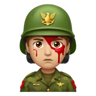 scowling soldier emoji with red skin tone, blood splatter on left cheek, wearing green helmet and military uniform, 2d apple emoji style sticker