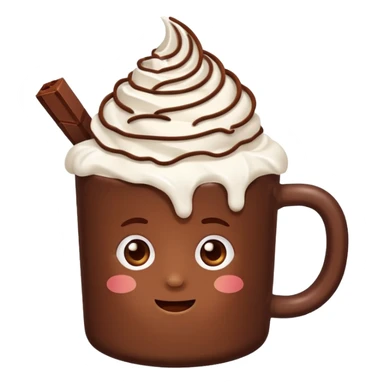 “hot chocolate emoji, whipped cream on top, chocolate shavings, cute, minimal, white background” sticker