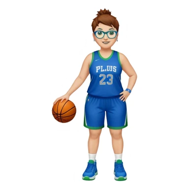 Full Body plus size white female basketball player with short medium brown hair with carmel highlights spikey hair wearing blue glasses 
 wide nose wearing blue green uniform  green sneakers smiling wearing silver hoop earrings sticker