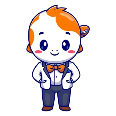A charming and professional koi fish character, sleek rounded body with orange and white patterns, expressive eyes, friendly smile, wearing a neat business suit, white shirt, and tiny bowtie sticker