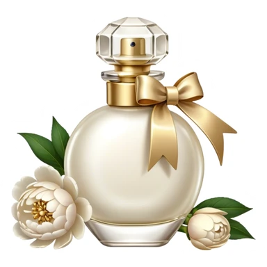 pearl white vintage style perfume bottle and ivory colored peonies and a gold bow sticker