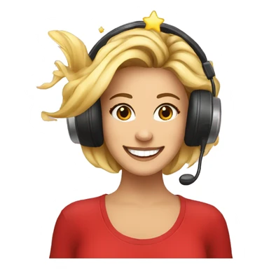 A radio DJ with sparkles on her face and stars in her hair. She is smiling and wearing a t shirt with a tuna fish on and red shoes sticker
