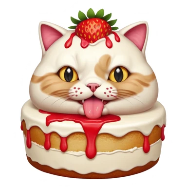 A chubby cat aggressively eating a giant strawberry cake, cream all over its face, exaggerated expression, vibrant colors, cartoon style, playful and humorous mood
, sticker