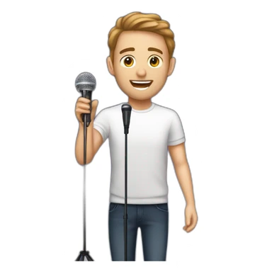 White Person men with brown hair and light skin on stage spotlight with microphone stand in front of him with show a sticker