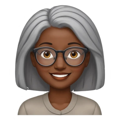 smiling dark black woman wearing glasses with lots of gray hair a sticker