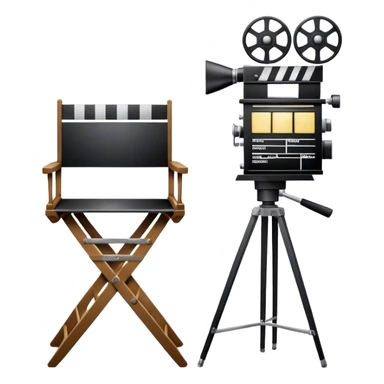 Icon for Directing: a director's chair, a film clapperboard, large movie camera and a stage with a spotlight. The icon should represent the creative and organizational aspects of directing, with focus on storytelling, staging, and performance. Transparent background. sticker