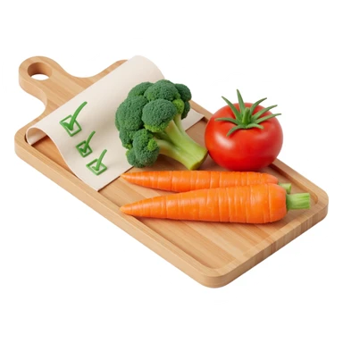carrot tomato brocoli on the wooden cutting board with floating rolled paper list with green checkboxes sticker