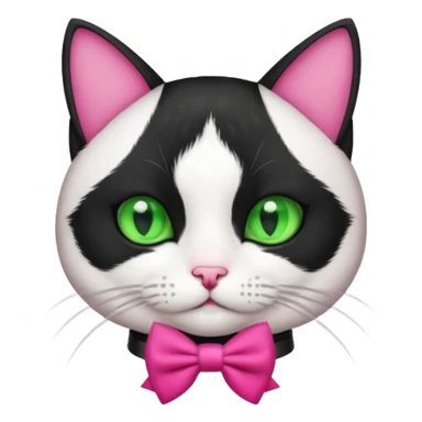 A black and white cat tuxedo breed head with green eyes she has a hot pink bow on her head  sticker