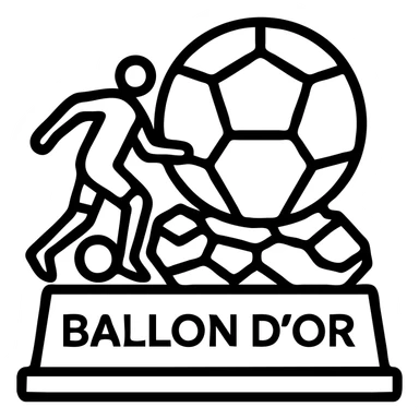 Replace the footballer silhouette on the Ballon d'Or trophy with Ousmane Dembélé's signature silhouette in a dynamic dribbling pose. Keep the outlined icon style with gold accents, clean, and with no background (transparent). sticker
