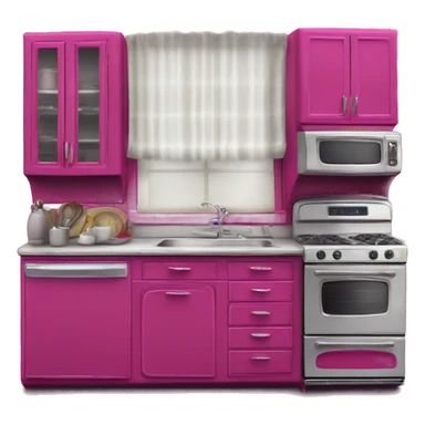 Isolated full length Realistic magenta vintage retro kitchen range with cabinets and counters. sticker
