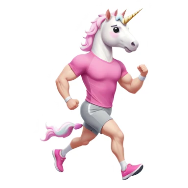 friendly anthropomorphised male white unicorn with a fit, chunky, muscular and strong physique, arms and legs matching the white of the head, in grey shorts and pink t-shirt, wearing dark sunglasses, jogging upright in a standard pose sticker