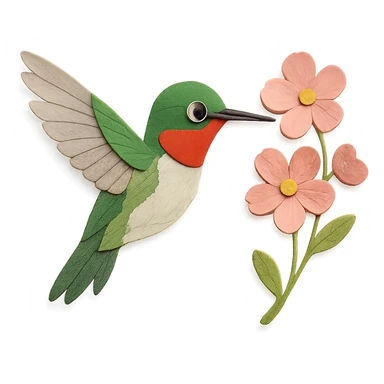 delicate paper-craft ruby-throated hummingbird, wings spread, hovering by pink blossoms, expressive eye sticker