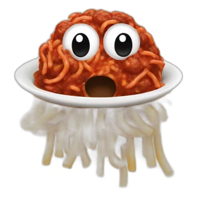 Spaghetti and meatballs with a face, arms and legs, doing something random sticker