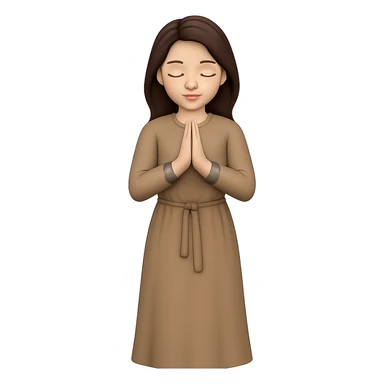 Create a third variation of a woman standing and praying from the front view, wearing a long tan dress, with dark brown hair, matching the body figure of the reference image. The style should emulate emoji style. Remove the background. sticker