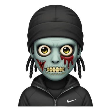 a zombie emoji with black dreads and a black nike jacket and black nike ski mask on his head sticker