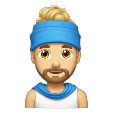 blonde guy with a taper fade, a beard, blue eyes, a big nose, a scarf in the forehead, a white tee sticker