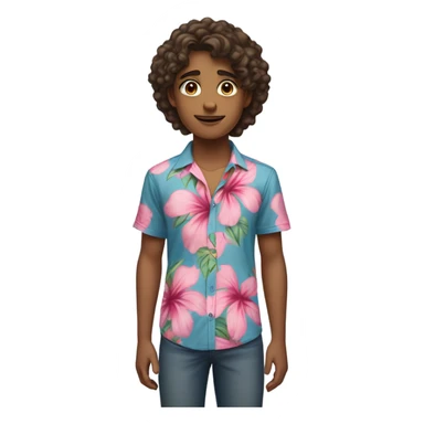 a teenager with wavy hair long eyelashes and a blue and pink hibiscus flower shirt brown eyes standing straight looking at the camera not smiling  sticker