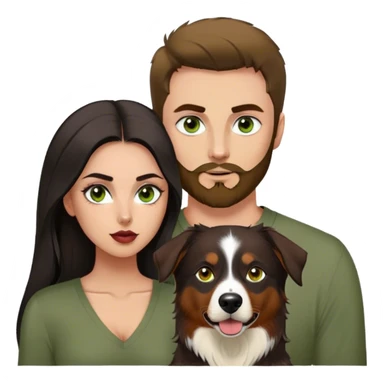 Thin white guy with beard and widows peak and green eyes and large pointy nose in olive green long sleeve AND One latina girl with long beautiful dark hair and dark eyes in a dark red v neck and makeup with her black tri colored  Australian shepherd large sticker