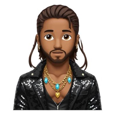 Omarion with long dark brown hair, black sequin jacket, shirtless with necklace sticker