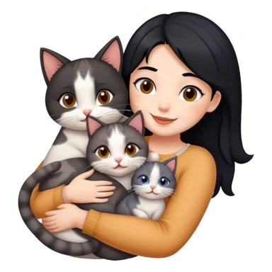 happy girl with black hair hugging three cats  (tricolour cat, gray cat, brown calico cat) sticker
