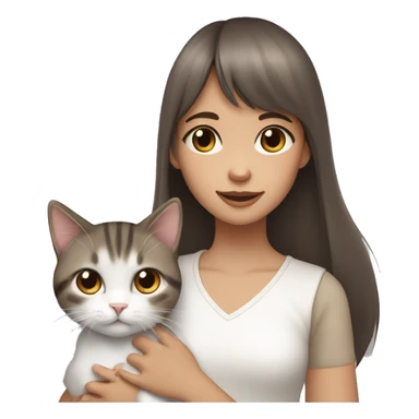 A girl with long straight brown hair and bangs, brown eyes, holding a gray and white calico cat and a tabby cat in each hand sticker