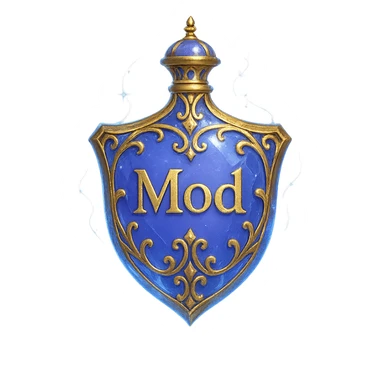 crystal, luxurious elixir bottle in shield shape, color #7986cb, with inscription 'Mod', lots of glow, edges, ornaments, golden details, magical effects, very small golden neck, transparent background, beautiful seamless base, bottle clearly floating in air, no base or shadow, very luxurious, modern, matching collection sticker