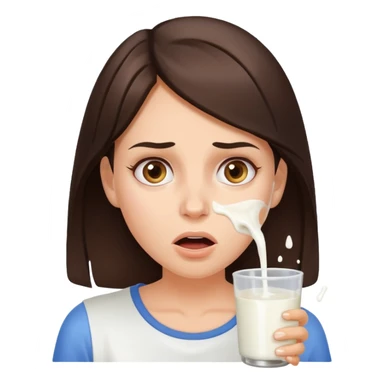 Brunette Woman with spilled milk on her face with a surprised face sticker