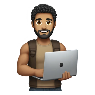 men holding his computer in hands. light brown skin men with curly black hair, dark brown eyes, little grown beard. just a tiny bit muscular. dressed casual. round face. sticker