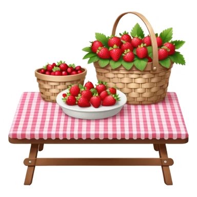  A cute picnic table with Gingham plaid print table cloth, with a small basket of strawberries, cherries, pink flowers, hyperrealistic, still life. 4k hd professional quality  sticker