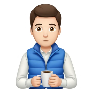man with white long sleeve shirt and blue puffy winter vest with no pockets holding a coffee mug in front of him and nothing in his other hand sticker