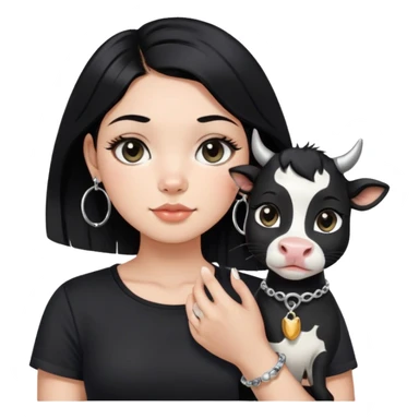 A girl with long straight black hair has upward-slanting eyeliner. She is wearing large silver hoop earrings, a black short-sleeved shirt, and a bracelet on her left hand. She is holding a cow cat with a black face  sticker