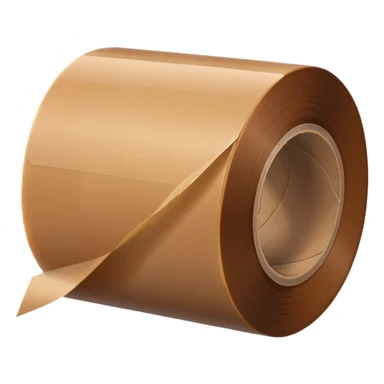 wide roll of brown packing tape with glossy semi-transparent surface and thick cardboard core, one end slightly peeled back, angled for depth, no box or dispenser, apple emoji style, soft lighting, subtle shadows, emoji scale sticker