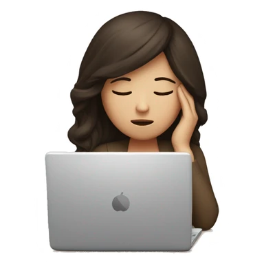 Tired brunette at a laptop with headache sticker